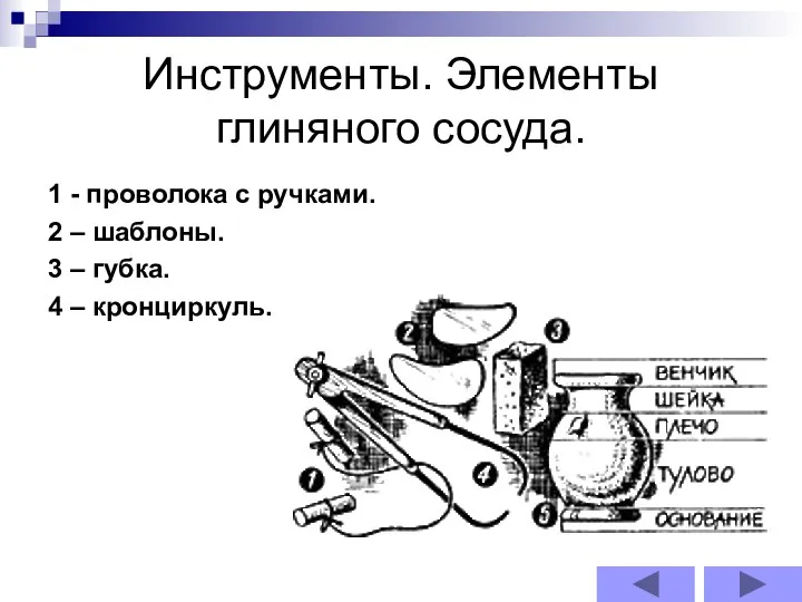 Инструменты. Элементы глиняного сосуда. 1 - проволока с ручками. 2 –