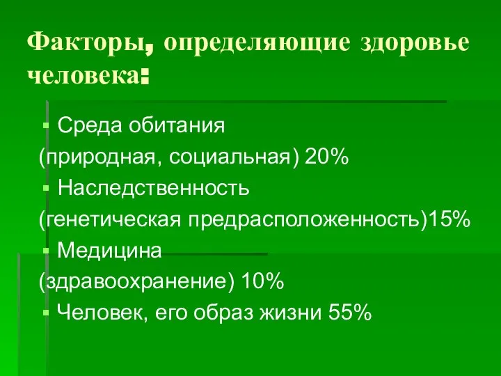 Факторы, определяющие здоровье человека: Среда обитания (природная, социальная) 20% Наследственность (генетическая