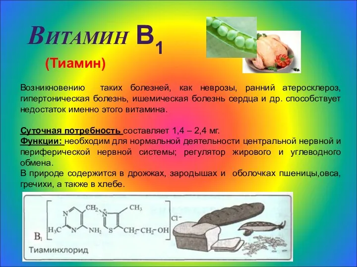 Витамин В1 (Тиамин) Возникновению таких болезней, как неврозы, ранний атеросклероз, гипертоническая