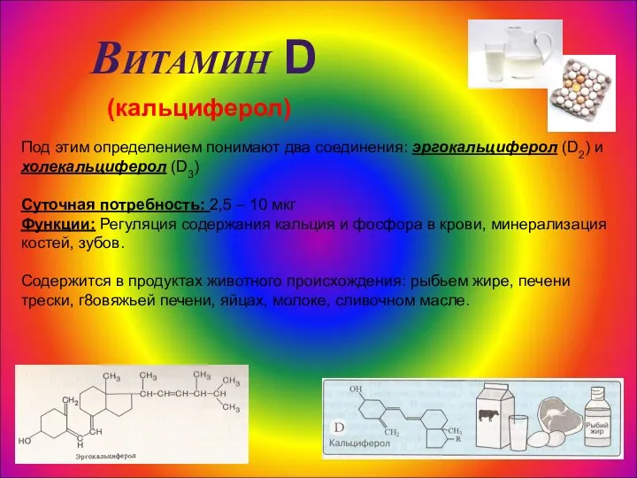 Витамин D (кальциферол) Под этим определением понимают два соединения: эргокальциферол (D2)