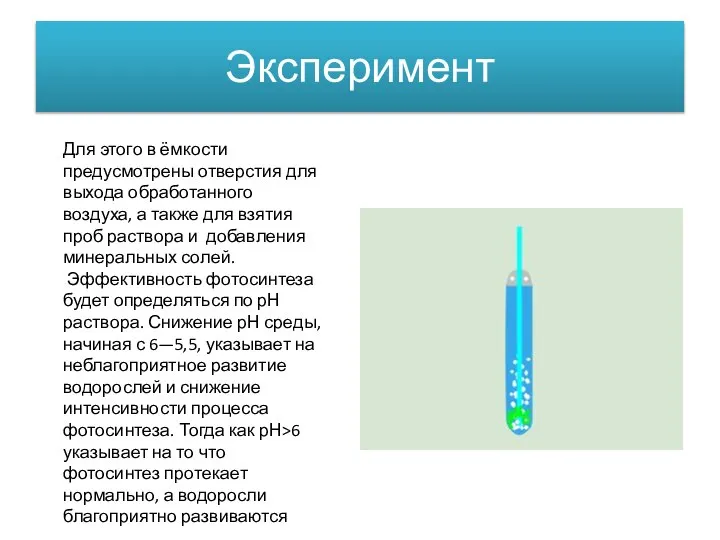 Эксперимент Для этого в ёмкости предусмотрены отверстия для выхода обработанного воздуха,