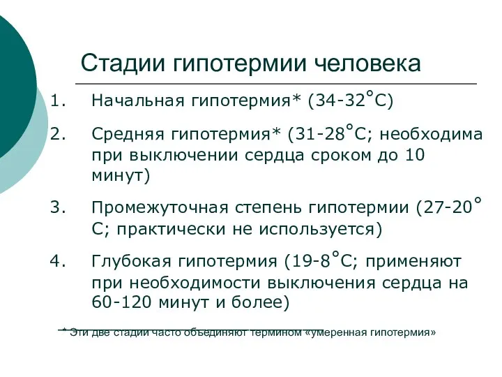 Стадии гипотермии человека Начальная гипотермия* (34-32°C) Средняя гипотермия* (31-28°C; необходима при