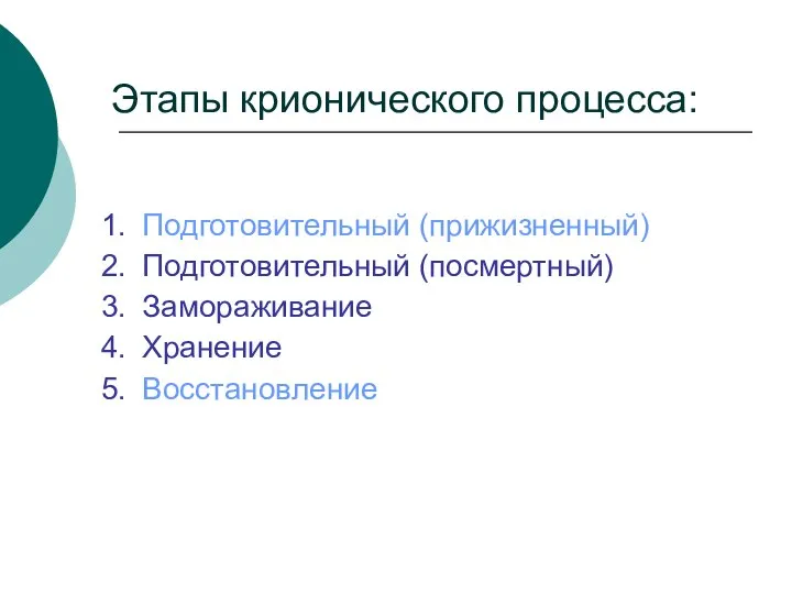 Этапы крионического процесса: Подготовительный (прижизненный) Подготовительный (посмертный) Замораживание Хранение Восстановление