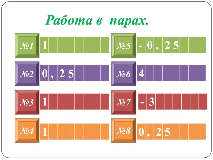 Работа в парах. №1 №2 №3 №4 №8 №7 №6 №5