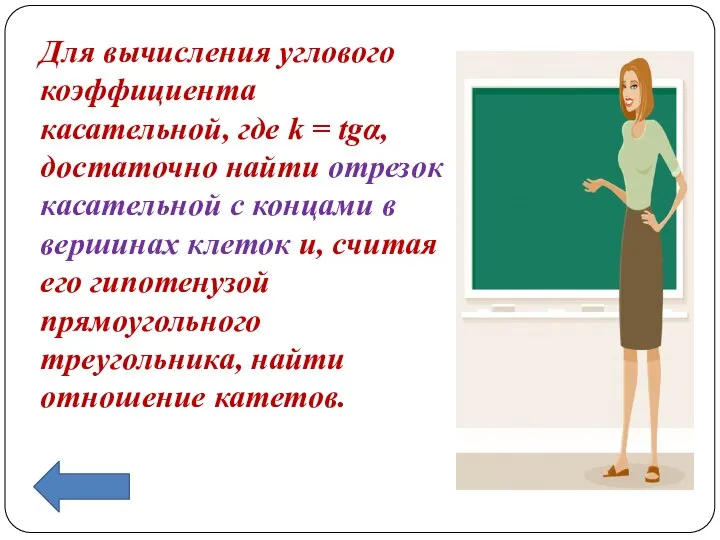 Для вычисления углового коэффициента касательной, где k = tgα, достаточно найти