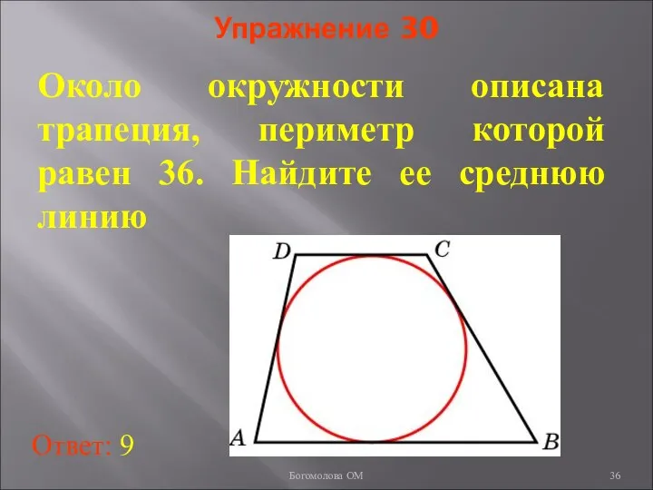 Упражнение 30 Около окружности описана трапеция, периметр которой равен 36. Найдите