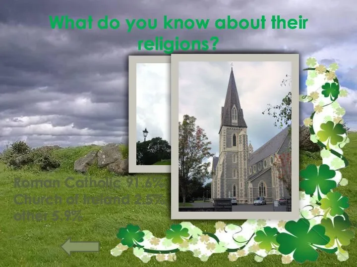 What do you know about their religions? Roman Catholic 91.6%, Church of Ireland 2.5%, other 5.9%