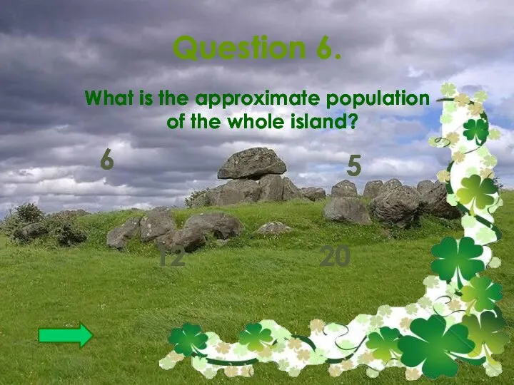Question 6. What is the approximate population of the whole island? 6 5 20 12