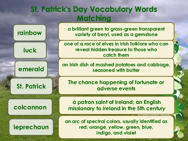 St. Patrick's Day Vocabulary Words Matching emerald leprechaun colcannon luck St.