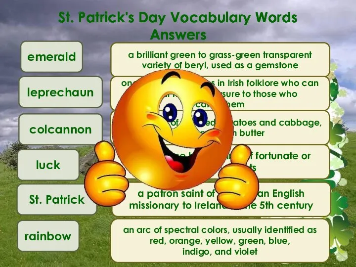 St. Patrick's Day Vocabulary Words Answers emerald leprechaun colcannon luck St.