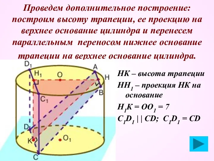 Проведем дополнительное построение: построим высоту трапеции, ее проекцию на верхнее основание