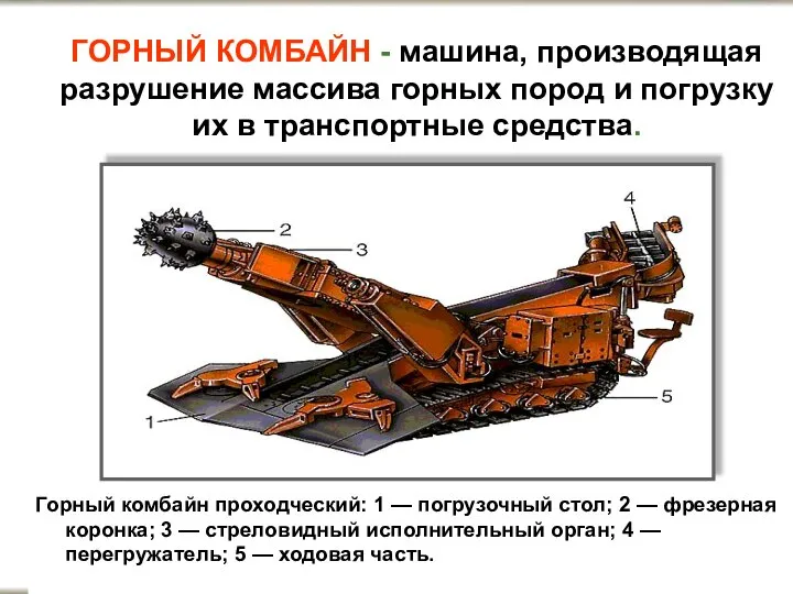 Горный комбайн проходческий: 1 — погрузочный стол; 2 — фрезерная коронка;