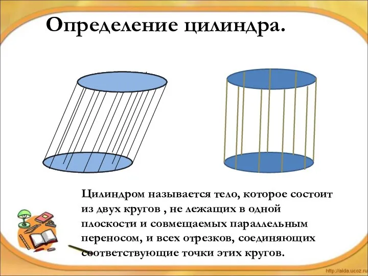 Определение цилиндра. Цилиндром называется тело, которое состоит из двух кругов ,