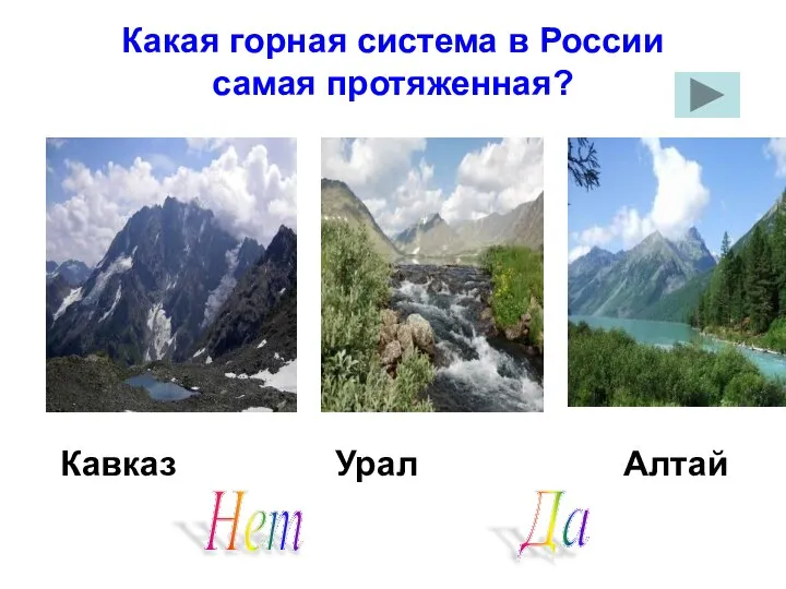 Какая горная система в России самая протяженная? Кавказ Урал Алтай Нет Да