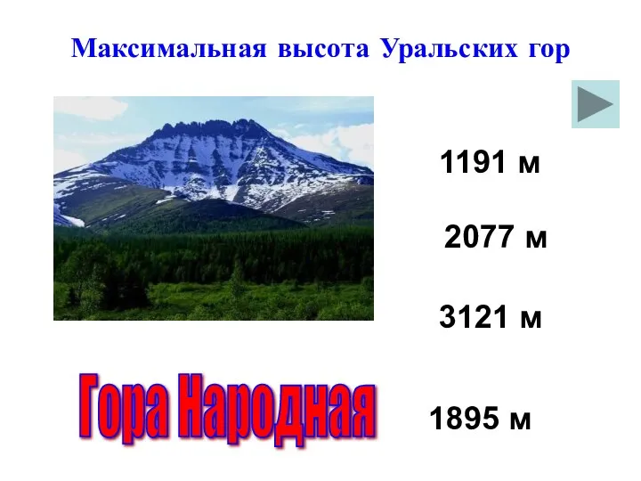 Максимальная высота Уральских гор 1895 м Гора Народная