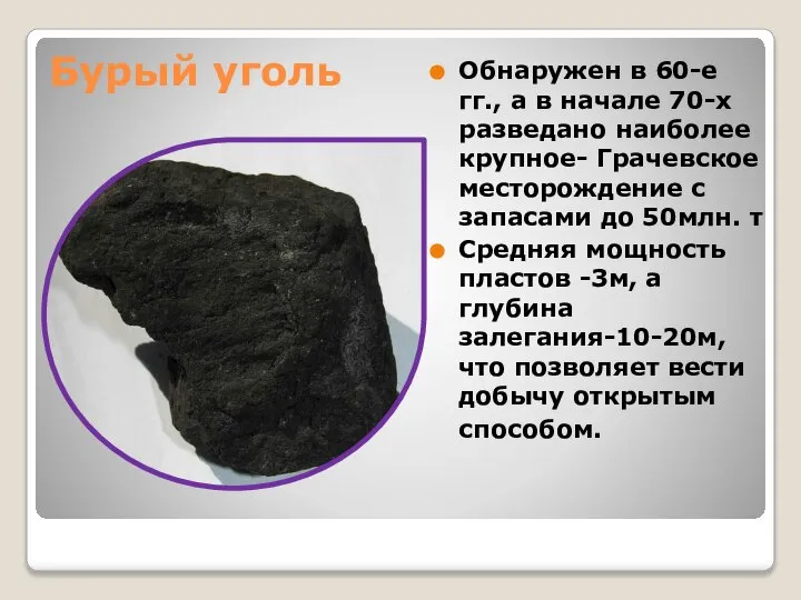 Бурый уголь Обнаружен в 60-е гг., а в начале 70-х разведано