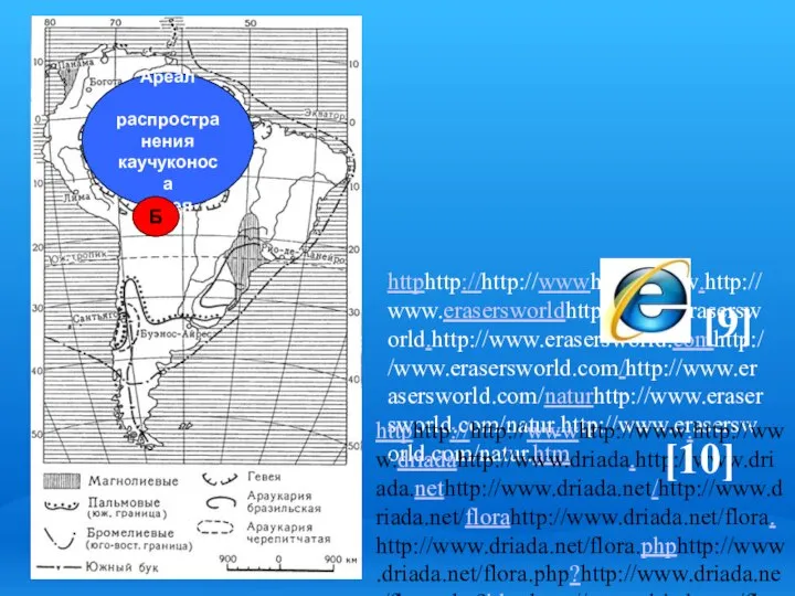 Ареал распространения каучуконоса гевея Б httphttp://http://wwwhttp://www.http://www.erasersworldhttp://www.erasersworld.http://www.erasersworld.comhttp://www.erasersworld.com/http://www.erasersworld.com/naturhttp://www.erasersworld.com/natur.http://www.erasersworld.com/natur.htm httphttp://http://wwwhttp://www.http://www.driadahttp://www.driada.http://www.driada.nethttp://www.driada.net/http://www.driada.net/florahttp://www.driada.net/flora.http://www.driada.net/flora.phphttp://www.driada.net/flora.php?http://www.driada.net/flora.php?idarthttp://www.driada.net/flora.php?idart=655 [9] [10]