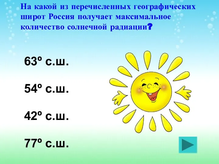 На какой из перечисленных географических широт Россия получает максимальное количество солнечной