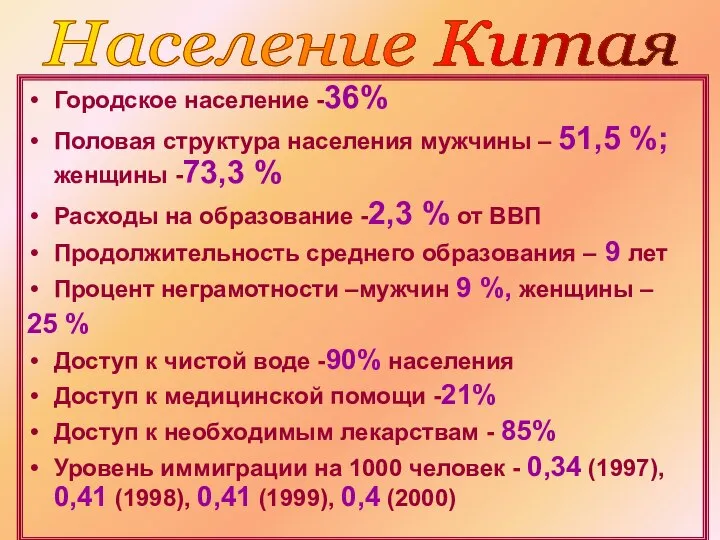 Городское население -36% Половая структура населения мужчины – 51,5 %; женщины