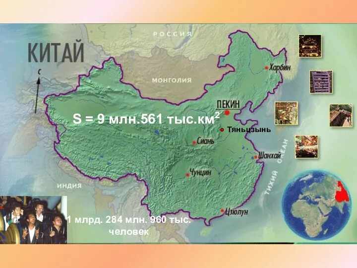 S = 9 млн.561 тыс.км2 1 млрд. 284 млн. 960 тыс. человек Тяньцзынь