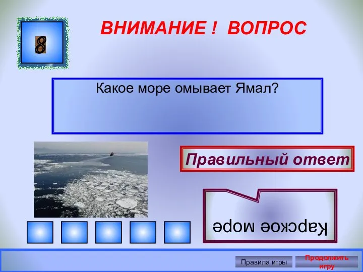 ВНИМАНИЕ ! ВОПРОС Какое море омывает Ямал? 8 Правильный ответ Карское море Правила игры Продолжить игру