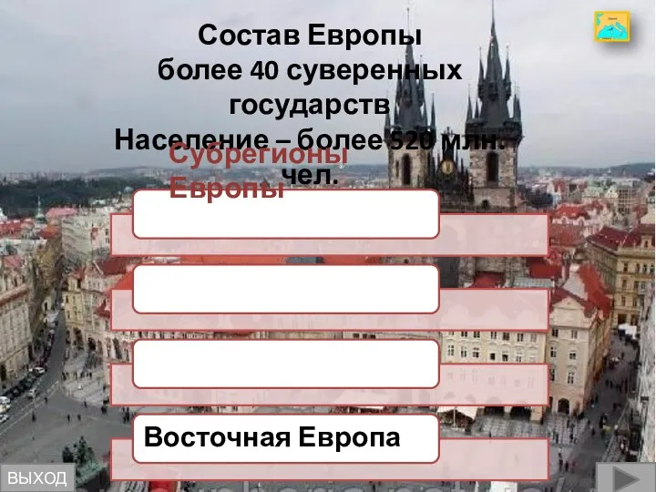 Состав Европы более 40 суверенных государств Население – более 520 млн.чел. Восточная Европа Субрегионы Европы ВЫХОД