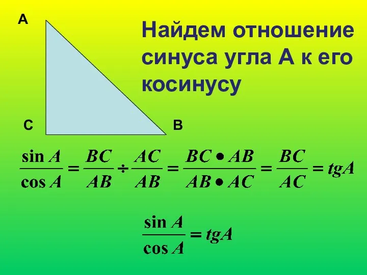 А С В Найдем отношение синуса угла А к его косинусу