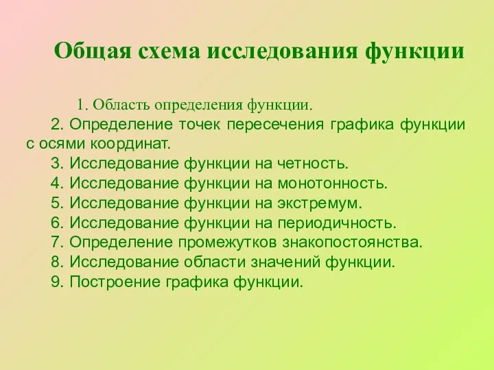 Общая схема исследования функции 1. Область определения функции. 2. Определение точек