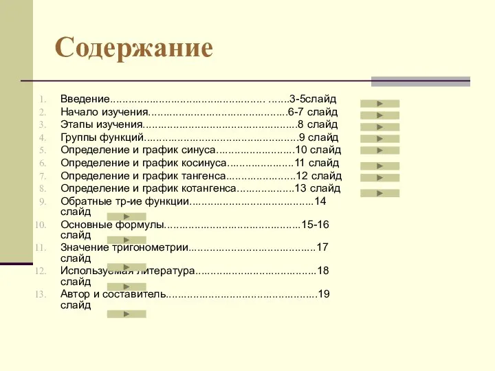 Содержание Введение................................................... .......3-5слайд Начало изучения..............................................6-7 слайд Этапы изучения...................................................8 слайд Группы функций...................................................9