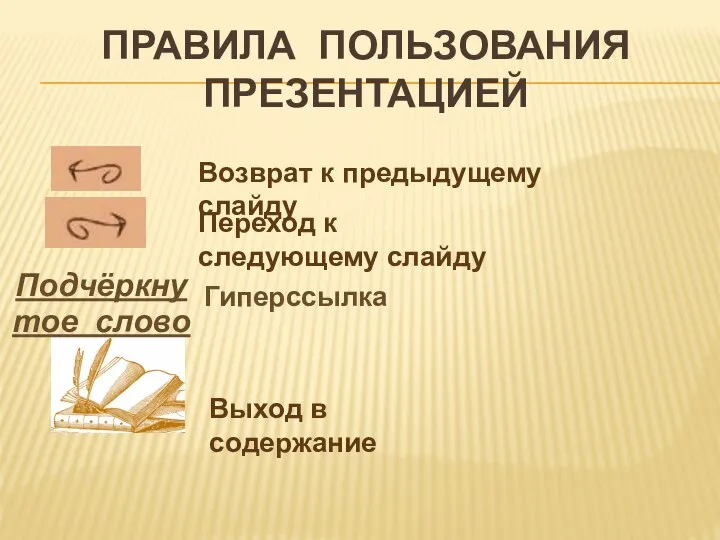 Правила пользования презентацией Выход в содержание Возврат к предыдущему слайду Переход