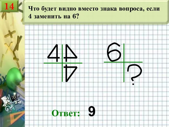 Что будет видно вместо знака вопроса, если 4 заменить на 6? Ответ: 9 14