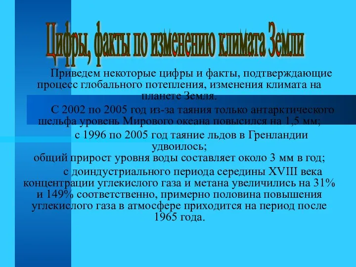 Приведем некоторые цифры и факты, подтверждающие процесс глобального потепления, изменения климата