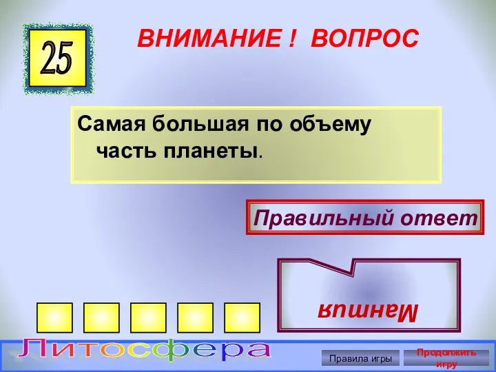 ВНИМАНИЕ ! ВОПРОС Самая большая по объему часть планеты. 25 Правильный