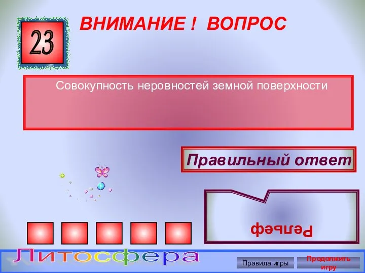 ВНИМАНИЕ ! ВОПРОС Совокупность неровностей земной поверхности 23 Правильный ответ Рельеф Правила игры Продолжить игру Литосфера