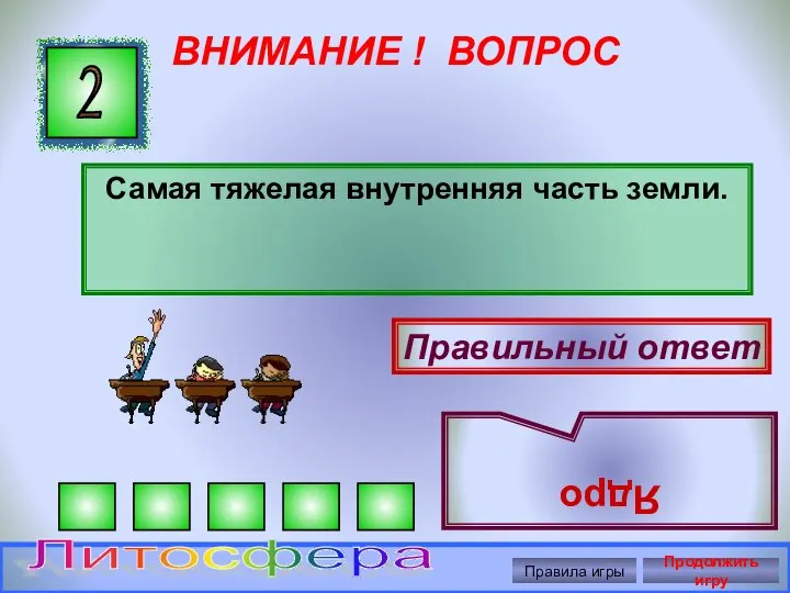 ВНИМАНИЕ ! ВОПРОС Самая тяжелая внутренняя часть земли. 2 Правильный ответ