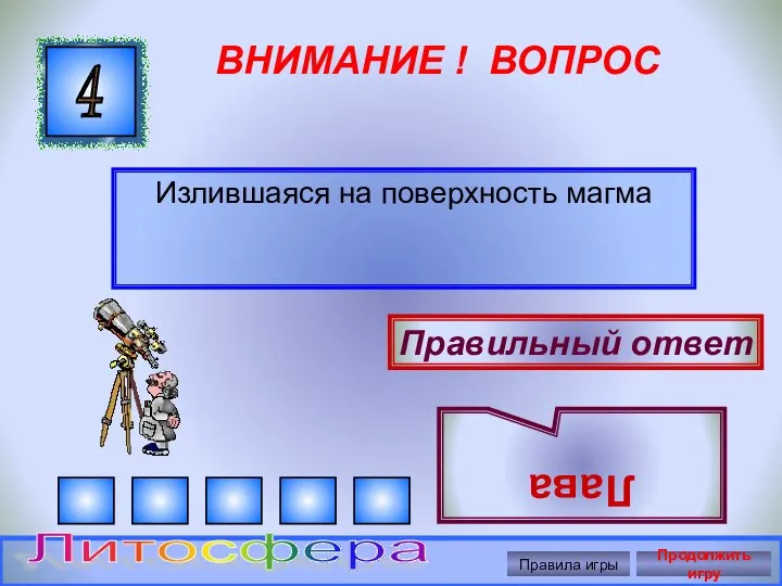 ВНИМАНИЕ ! ВОПРОС Излившаяся на поверхность магма 4 Правильный ответ Лава Правила игры Продолжить игру Литосфера