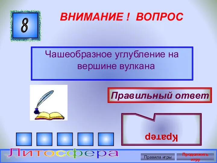 ВНИМАНИЕ ! ВОПРОС Чашеобразное углубление на вершине вулкана 8 Правильный ответ