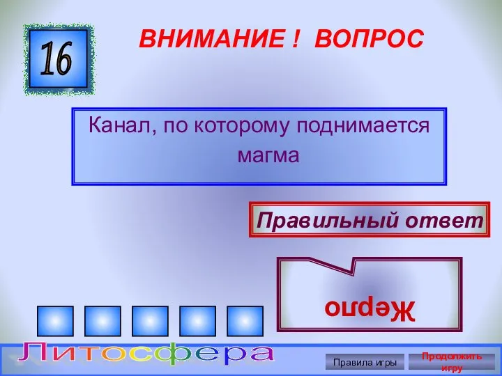 ВНИМАНИЕ ! ВОПРОС Канал, по которому поднимается магма 16 Правильный ответ