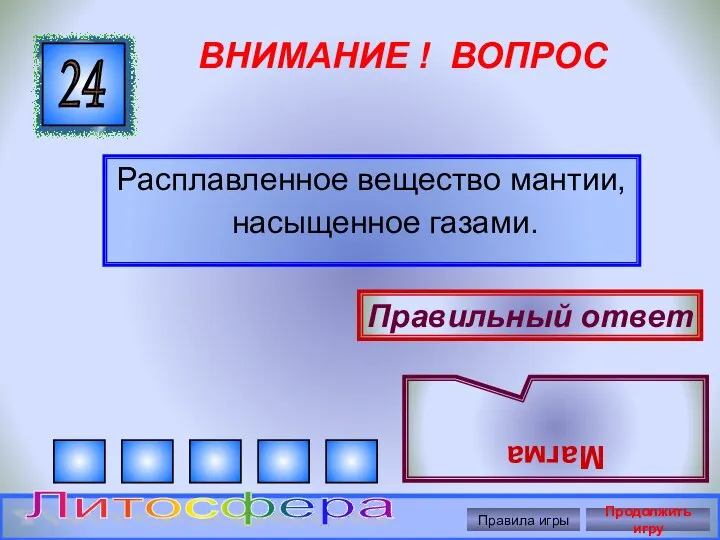 ВНИМАНИЕ ! ВОПРОС Расплавленное вещество мантии, насыщенное газами. 24 Правильный ответ