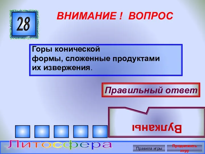 ВНИМАНИЕ ! ВОПРОС Горы конической формы, сложенные продуктами их извержения. 28