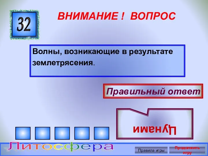 ВНИМАНИЕ ! ВОПРОС Волны, возникающие в результате землетрясения. 32 Правильный ответ