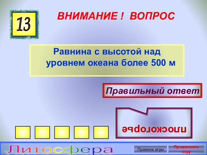 ВНИМАНИЕ ! ВОПРОС Равнина с высотой над уровнем океана более 500