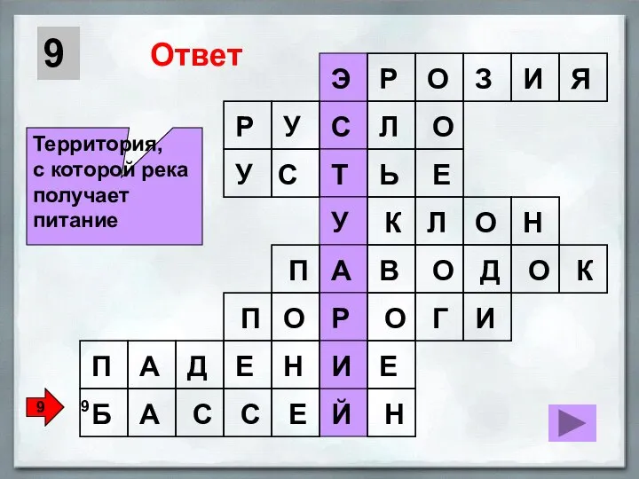 9 Ответ Территория, с которой река получает питание 9 9