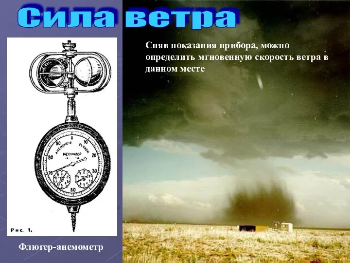 Флюгер-анемометр Сила ветра Сняв показания прибора, можно определить мгновенную скорость ветра в данном месте