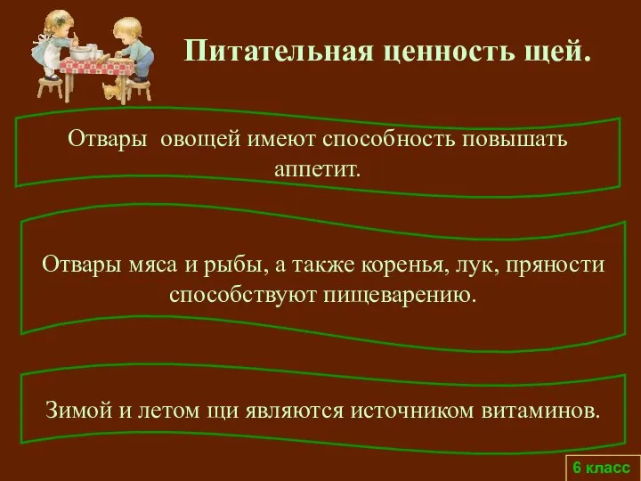 6 класс Питательная ценность щей. Отвары овощей имеют способность повышать аппетит.