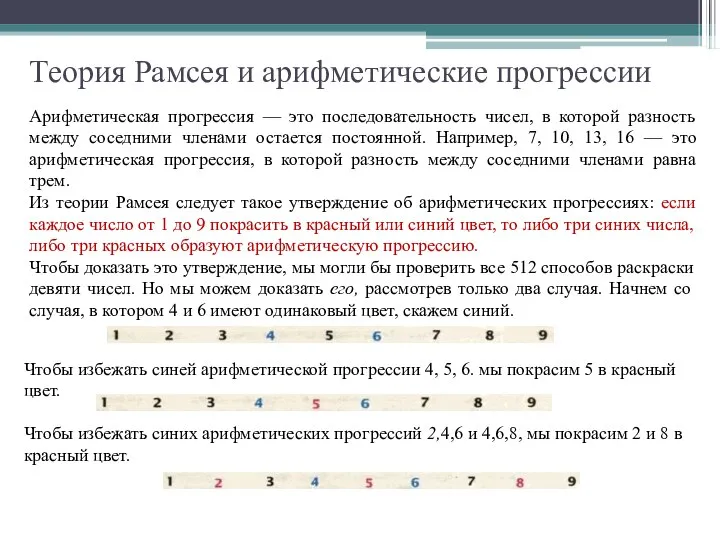 Теория Рамсея и арифметические прогрессии Арифметическая прогрессия — это последовательность чисел,