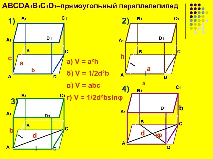 ABCDA1B1C1D1–прямоугольный параллелепипед а) V = a²h б) V = 1/2d²b в)