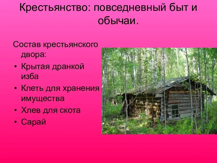 Крестьянство: повседневный быт и обычаи. Состав крестьянского двора: Крытая дранкой изба