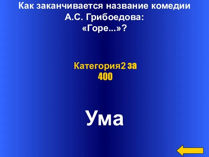 Как заканчивается название комедии А.С. Грибоедова: «Горе...»? Ума Категория2 за 400