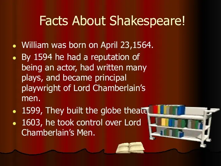 Facts About Shakespeare! William was born on April 23,1564. By 1594